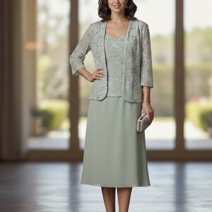 Alex Evenings Sage Green Sequin Jacket Top Pull On Skirt Dress MEDIUM PETITE